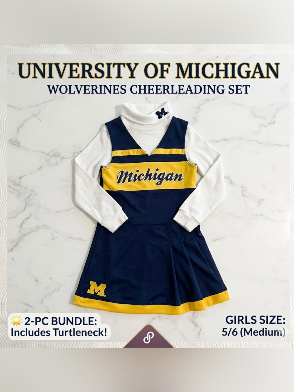 University of Michigan Girls Navy & Yellow Cheer Outfit with White Turtleneck